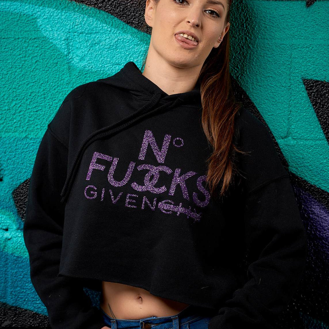 No Fucks Given Glitter Crop Hoodie - Simple Stature