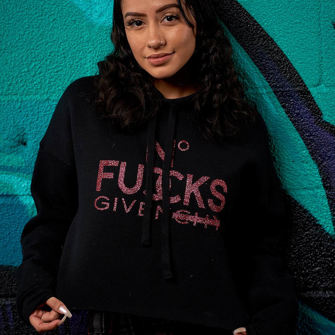 No Fucks Given Glitter Crop Hoodie - Simple Stature
