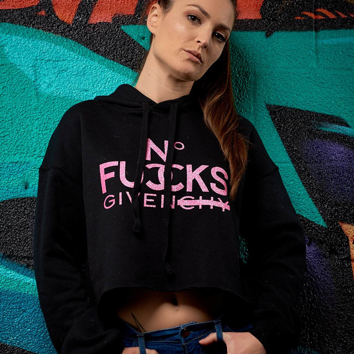 No Fucks Given Glitter Crop Hoodie - Simple Stature